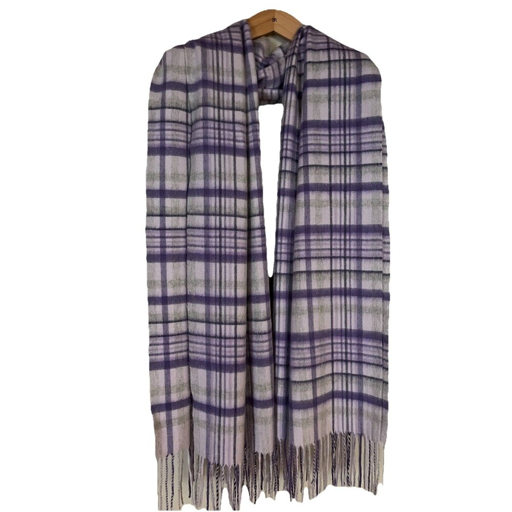 100% Cashmere Large Scarf Wrap 72x24 Lavender Grey Ivory‎ Plaid w/ Fringe
